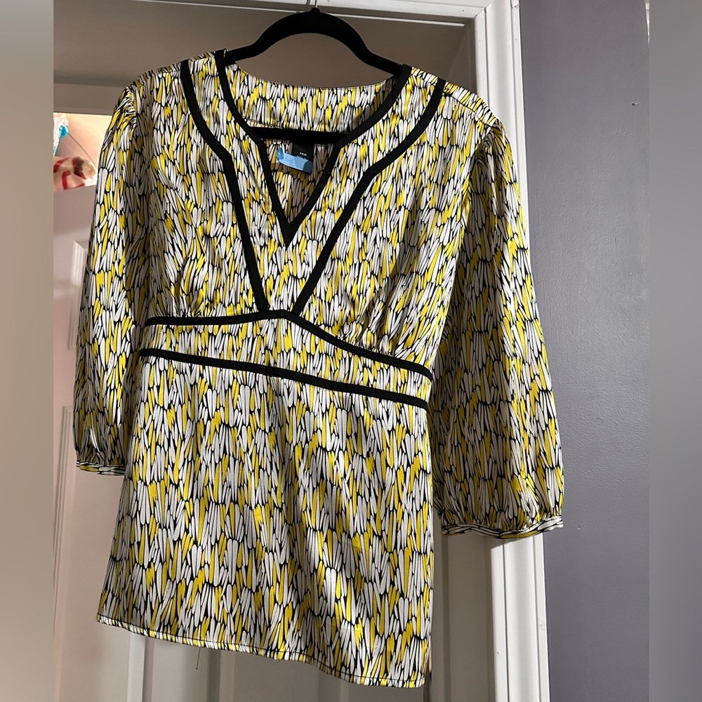 Petite Sophisticate Blouse Black Yellow & White 100% Silk 14P EUC